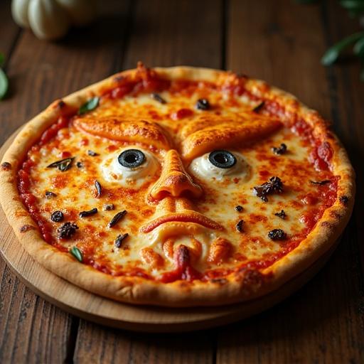 Surreal pizza face resembling Trump created from three vibrant pizzas on rustic wooden paddle. Top pizzas form eyes with mushroom and olive. Basil leaf creates confident smile. Cheddar mozzarella mimic iconic hairstyle. Warm illuminated background with wood-fired oven. Fun eye-catching composition.