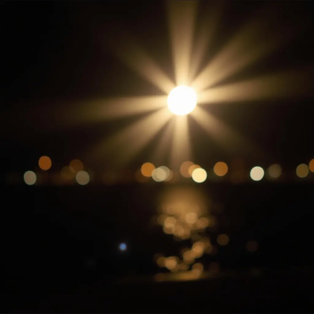 Image captures bright light source near top right corner. Lens flare creates streaks against dark background. Below, blurred circular bokeh lights resemble distant city lights reflecting on water. Composition is abstract and ethereal, enhancing visual appeal and depth.