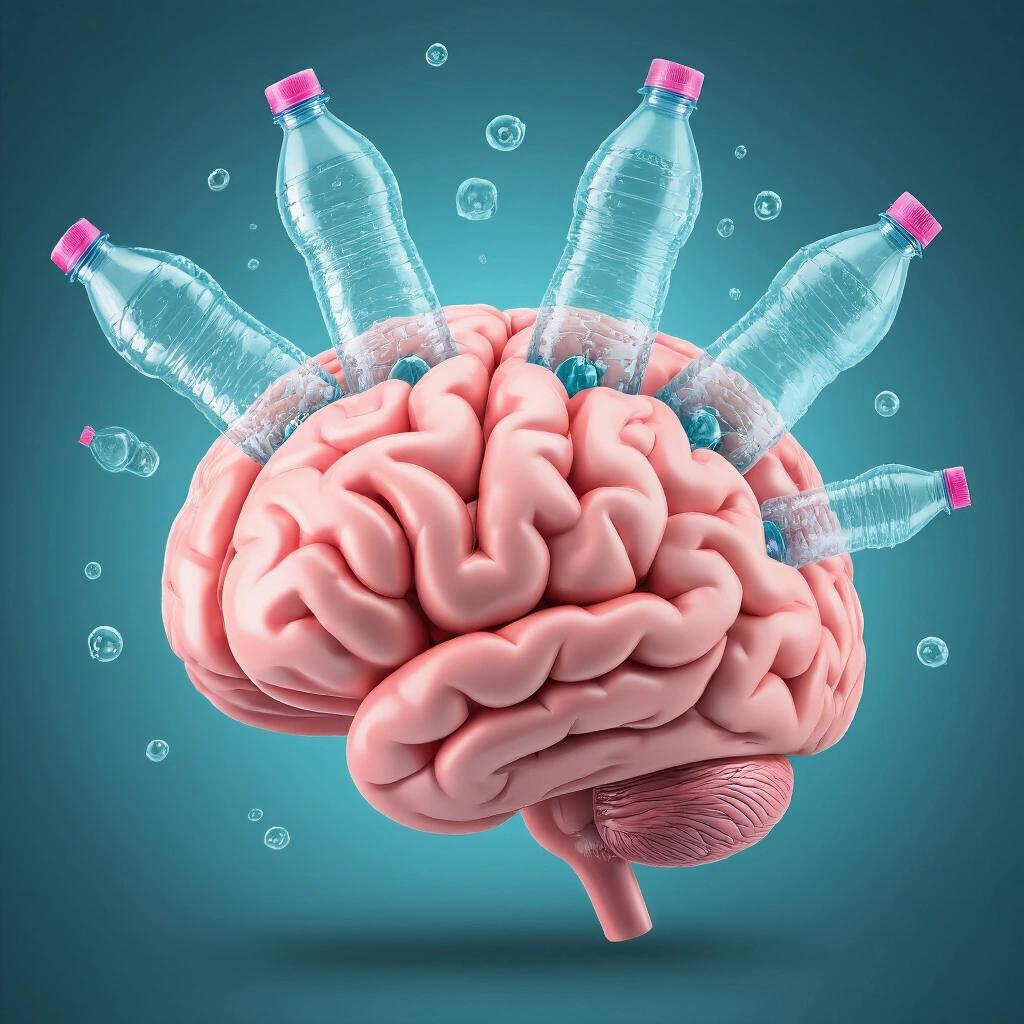 A brain with plastic bottles emerging from it. Emphasis on environmental issues. Illustrative and conceptual art.
