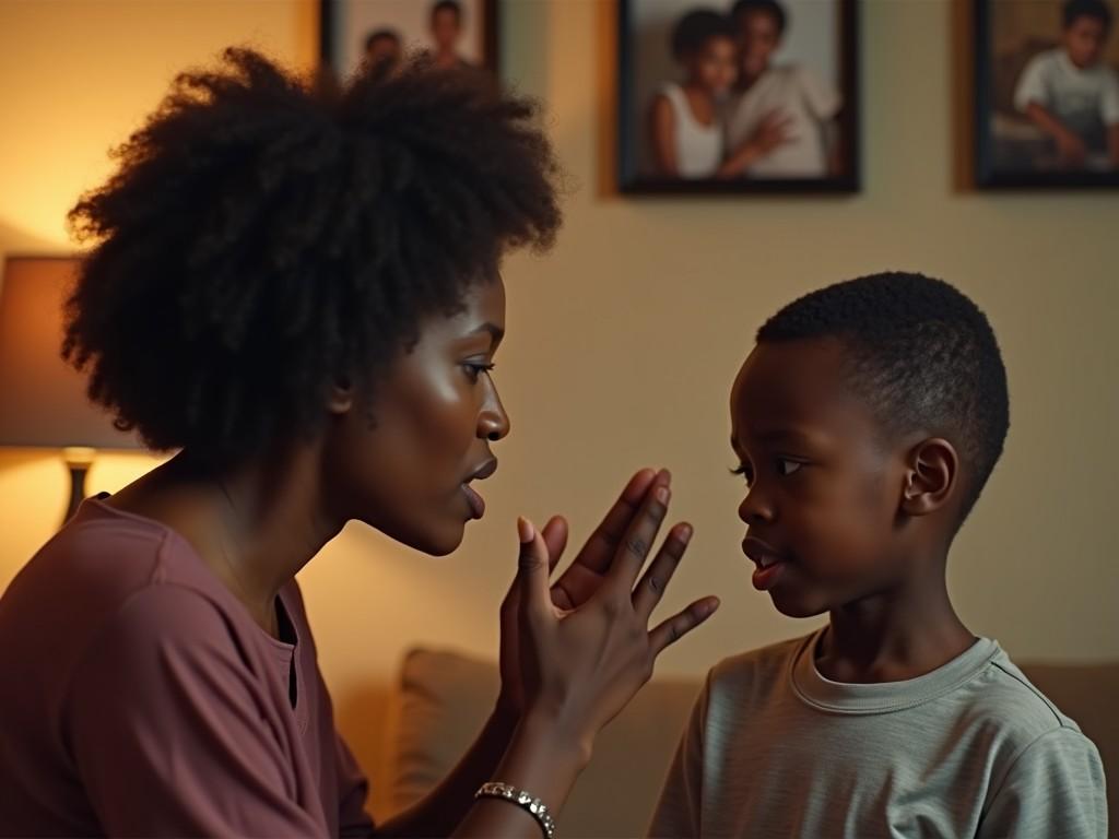 The image depicts a mother and her young son engaged in a serious conversation. The mother is visibly animated, using her hands to express her feelings or concerns while looking intently at her son. The boy appears focused and a little concerned as he listens to his mother. They are situated in a cozy living room, illuminated by warm lighting that adds to the intimate atmosphere. Family photographs can be seen in the background, suggesting a close-knit family environment. Overall, the image captures a moment of parental guidance or concern.