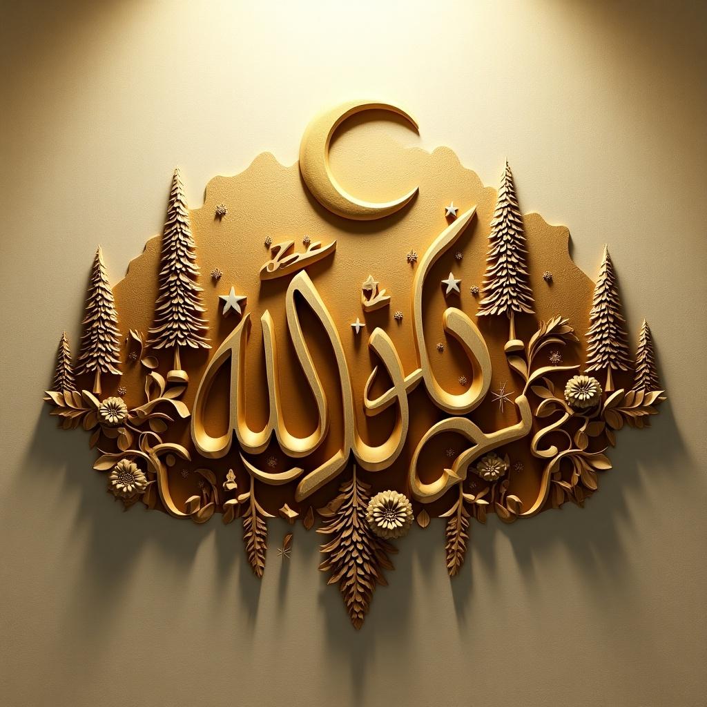 This image features ornate Arabic calligraphy with the word 'Taha', beautifully designed with elements of nature. A crescent moon is depicted alongside intricate trees and mountains, all set against a soft, textured background. The artwork is rendered in a warm golden hue that adds a touch of elegance. Decorative motifs such as stars and flowers provide additional detail, enhancing the overall aesthetic. Soft lighting gives the piece a serene and uplifting feel, amplifying the depth and intricacy of the calligraphy. This piece exemplifies the beauty of Arabic script and serves both cultural and decorative purposes.