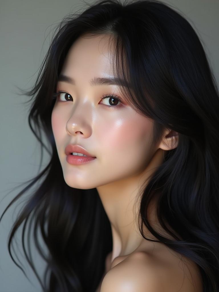 A Korean woman displays a subtle expression. Elegant makeup enhances her features. Long black hair cascades gracefully. She embodies Korean beauty standards.