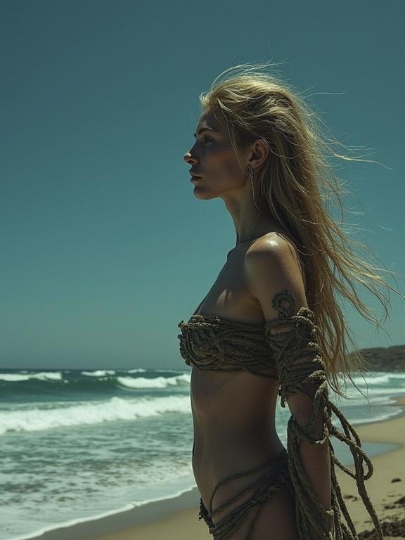 A nude goddess resembling Morrígan standing on a moonlit beach facing the ocean.