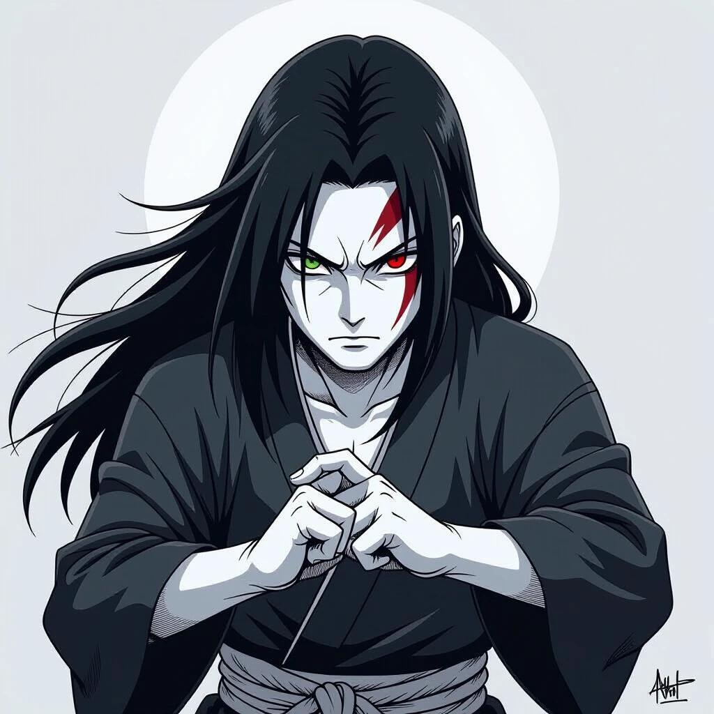 Orochimaru poses dynamically in a black and white sketch style. Character has long hair and is in a martial arts stance. Background is minimal, focusing on Orochimaru's action.