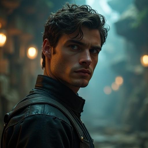 A man in profile looking at the camera. Intricate textured background. Dreamlike and science fiction aesthetics. Disorienting and poignant atmosphere. High sharpness, 9:16 size.