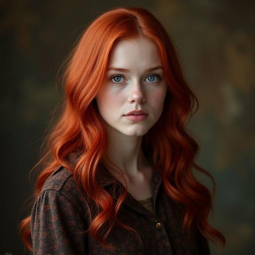 Portrait of a female character with long wavy red hair. Warm and inviting background. Soft lighting enhances the hair's vibrancy. Character attire is casual but stylish. Overall aesthetic is fantasy and whimsical.