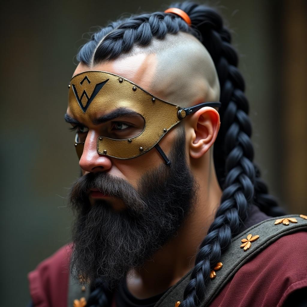 Man with thick black braids in ponytail. Shaved sides of head. Sanctic psyker character. Psyker tubing wires on left side of face. Bronze faceplate mask covering eyebrows and forehead. Full trimmed beard. Tanned skin. Palatine Aquila sigil on forehead. Scars on face.