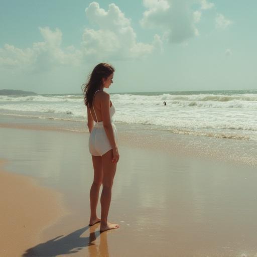 A barefoot woman stands on a beach. Soft waves crash on the shore. Sunlight casts a warm glow on the scene. The woman appears relaxed and serene. Ocean stretches out to the horizon.