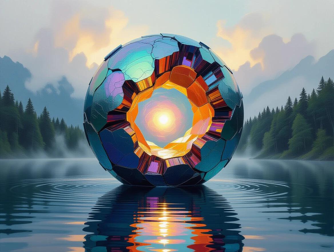A sculpture created from thick, juicy oil paint using impasto technique. A holographic artifact floats over a misty lake. The core of the sculpture glows with translucent paint. The landscape has a dramatic and vibrant look.