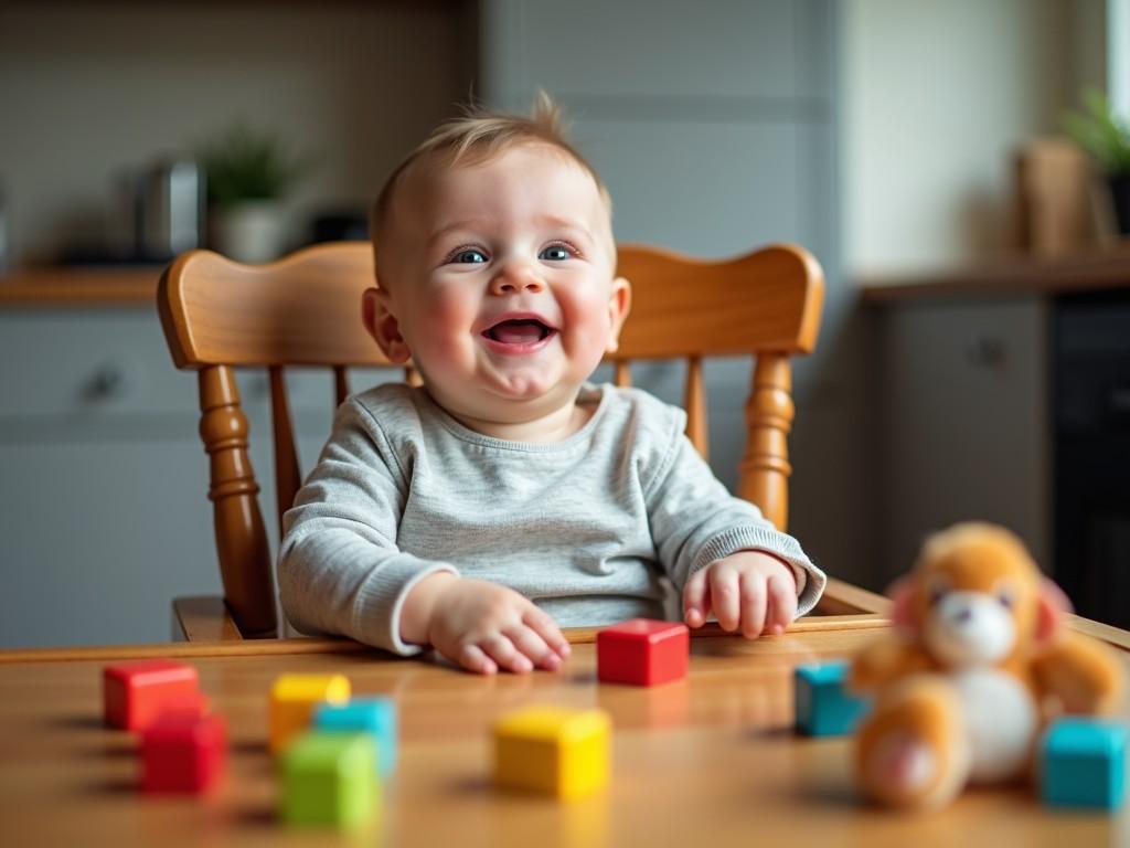 A cheerful baby is seated in a wooden high chair, surrounded by colorful blocks on a wooden table. The baby's joyful expression is the focus of the image, enhancing the warm and homely kitchen setting. Soft lighting highlights the baby's features, making the scene inviting and lively.