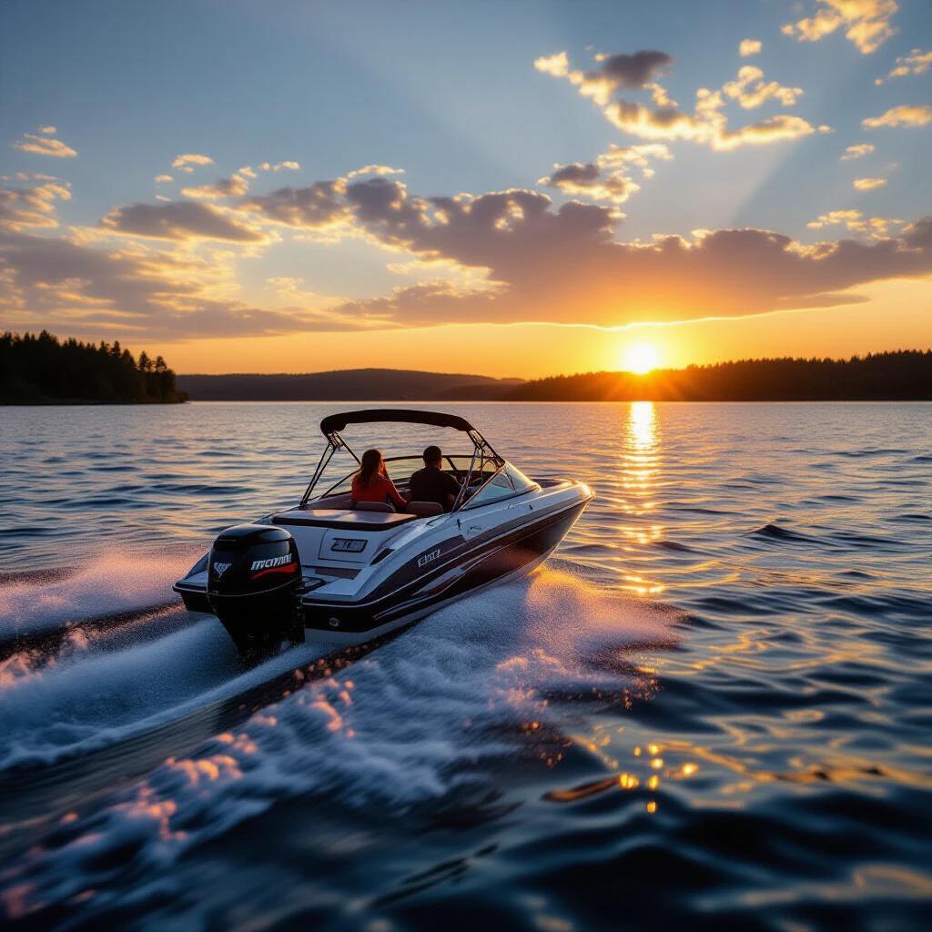 Speed boat on a lake. Sunset against the horizon. Two people enjoying the ride. Vibrant colors reflected on the water. Captured during golden hour.