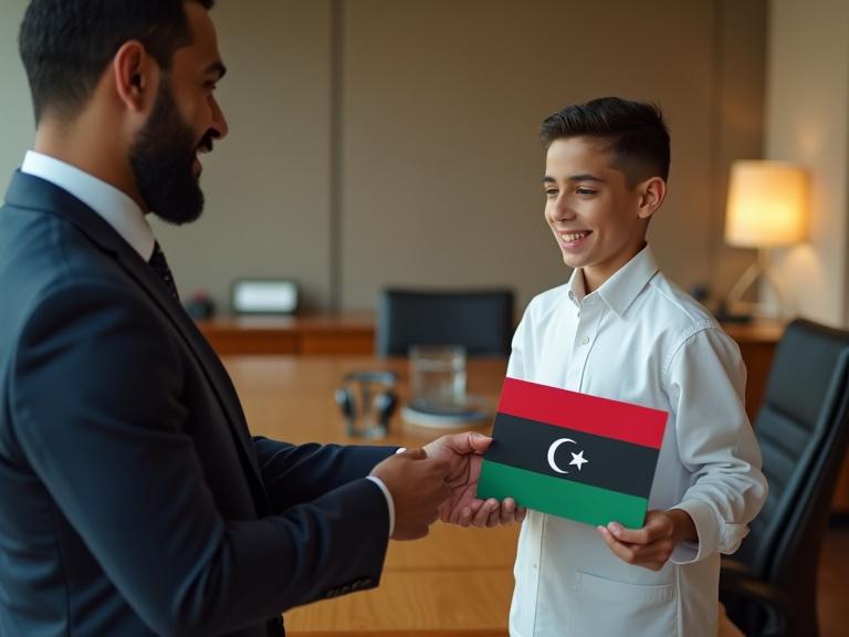 A young boy dressed in white is holding the Libyan flag. He hands a small, wide, dark red card to a man in formal attire. The man seems amazed and has a faint smile on his face. The background shows a CEO office. Image has a cinematic impression.