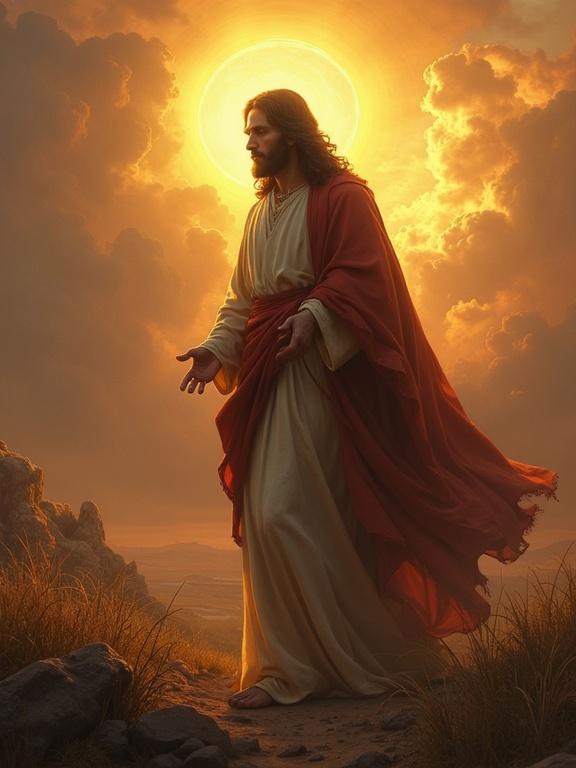 Image of Jesus Christ in a flowing robe standing in a natural landscape. Background features a glowing sun and dramatic clouds. The atmosphere conveys warmth and reverence.