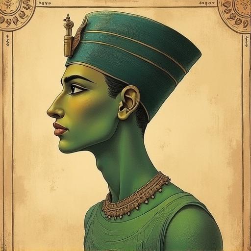 Vintage illustration of a man with canvas texture. Pencil drawing with muted colors. Outlined black edges and Egyptian features emphasized. Background resembles ancient manuscript. Large outlined eyes and elongated profile shown. Face exhibits Egyptian styling. Body features green gradient color. Textured canvas appearance in the drawing.