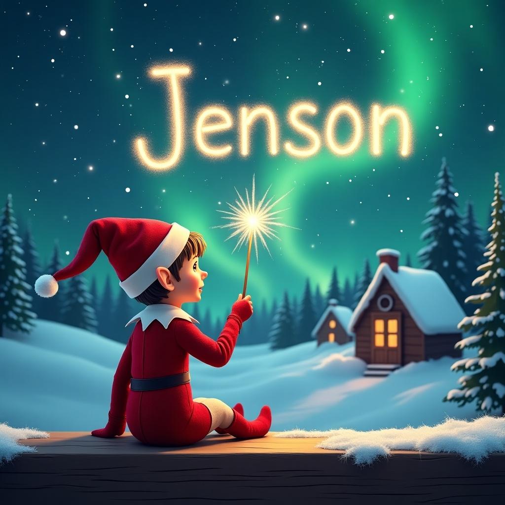 An elf sits on a wooden ledge with its back to the camera. The elf is dressed in a red outfit and pointed hat. The elf holds a sparkling wand. The elf writes the name 'Jenson' in the starry sky. The background features a snowy landscape with charming houses and evergreen trees under the Northern Lights. The scene captures childhood magic.