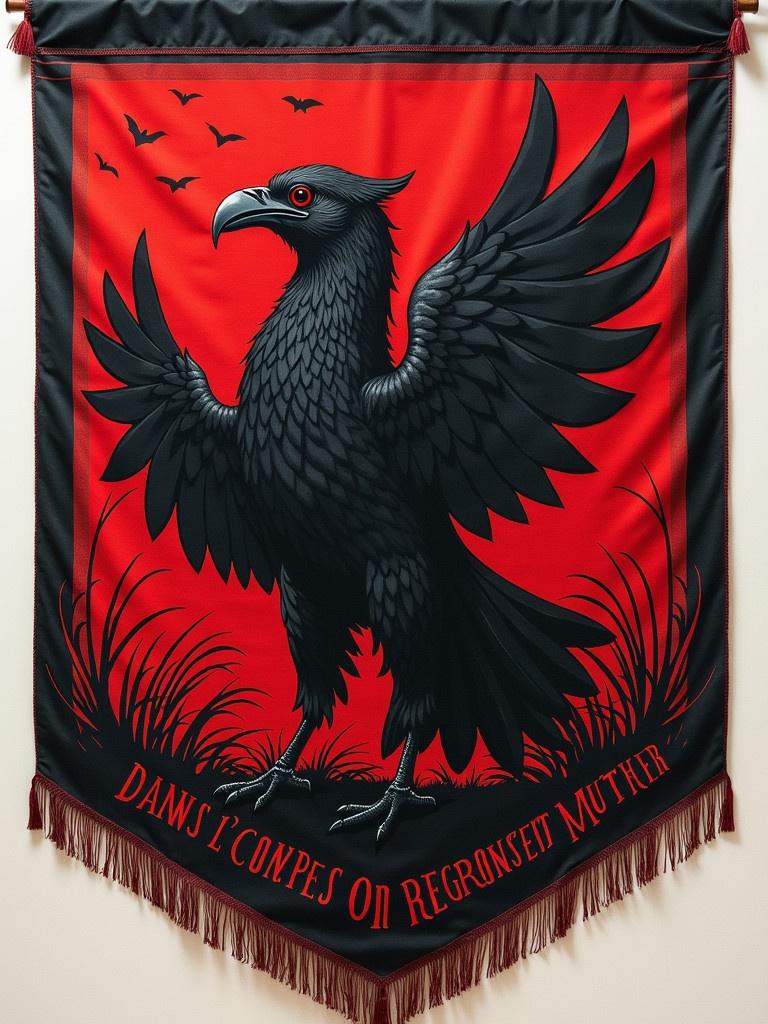 Banner for a guild named Crow Guild featuring a crow holding a dagger at the center. The background shows dunes. The banner is red and black with golden text saying. Shadows represent power and dominance.