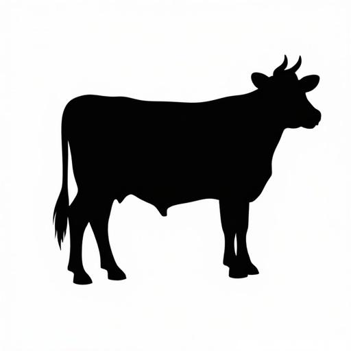 black profile silhouette of a cow on a white background