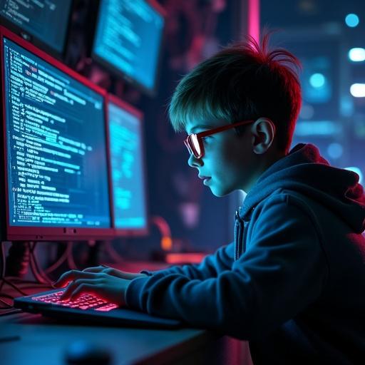 A young boy engaged in hacking activities using a laptop. The room is dimly lit by the brightness of computer screens. Screens display codes. The boy wears glasses reflecting the code. He is inquisitive and wears a hoodie. Tech elements like cables and floating screens are in the background.