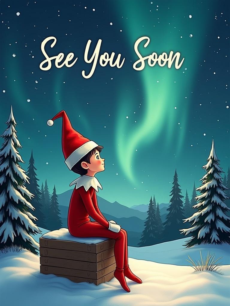 An elf in red attire sits on a wooden crate in a snowy landscape. The elf looks up at northern lights in the night sky. The words 'See You Soon' are above in elegant white script. Pine trees fill the background. The lighting creates a cozy, enchanting atmosphere. The illustration embodies the holiday spirit.