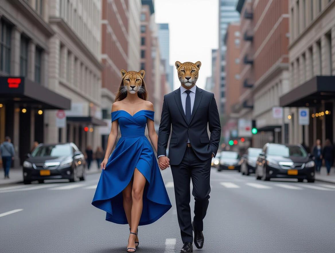 Professional ultra-realistic photo session with soft lighting. Elegant woman in a short blue dress and leopard head. Man in a suit and tie with a leopard head. Walking hand in hand on a city sidewalk.