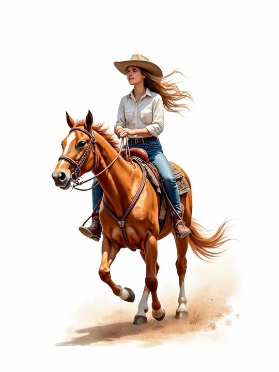 Rodeo cowgirl riding a horse. Watercolor style illustration. Isolated on white background. High detail in features and motion.