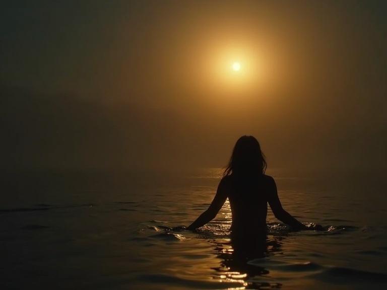 Cinematic style image depicting a silhouette of a person in water during sunset. Soft golden light illuminates the scene creating a serene atmosphere