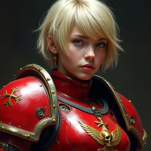 Close-up portrait of a young Adepta Sororitas. Hyperrealistic digital painting. Short blonde hair. Blue eyes. Determined expression. Wearing power armor. Red and steel color scheme. Red gorget with golden cross. Massive red pauldrons. Chest plate with golden Aquila. Dark out-of-focus background. Intense lighting on armor.
