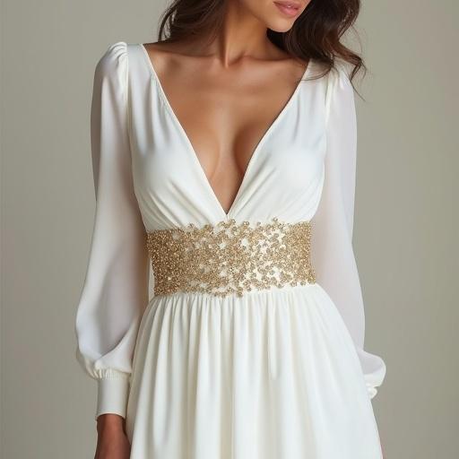 Woman in an elegant white dress. Dress features gold embellishments around the waist. The dress has a low-cut design. Close view of the body dressed elegantly.