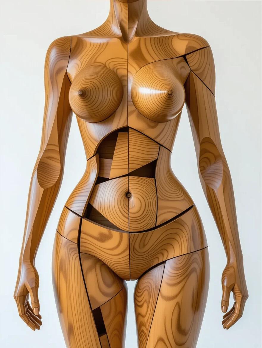 Sculpture of a naked female figure made entirely of wood. The art piece displays the human torso in an abstract style. The figure stands in front of a wooden box. Small wooden pieces hang from thin wire, spinning in response to air currents. The design creates a dynamic visual that represents parts of an abstract monstrous female body.
