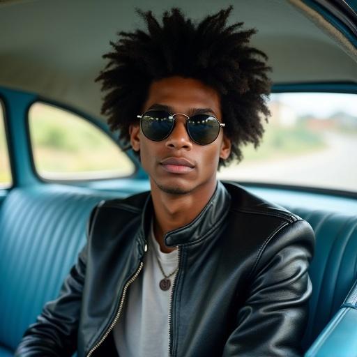 Biracial 20 year old male with black curly hair is wearing a leather jacket and sunglasses. He is sitting inside a vintage blue car from the 1960s. The car has a unique retro style.