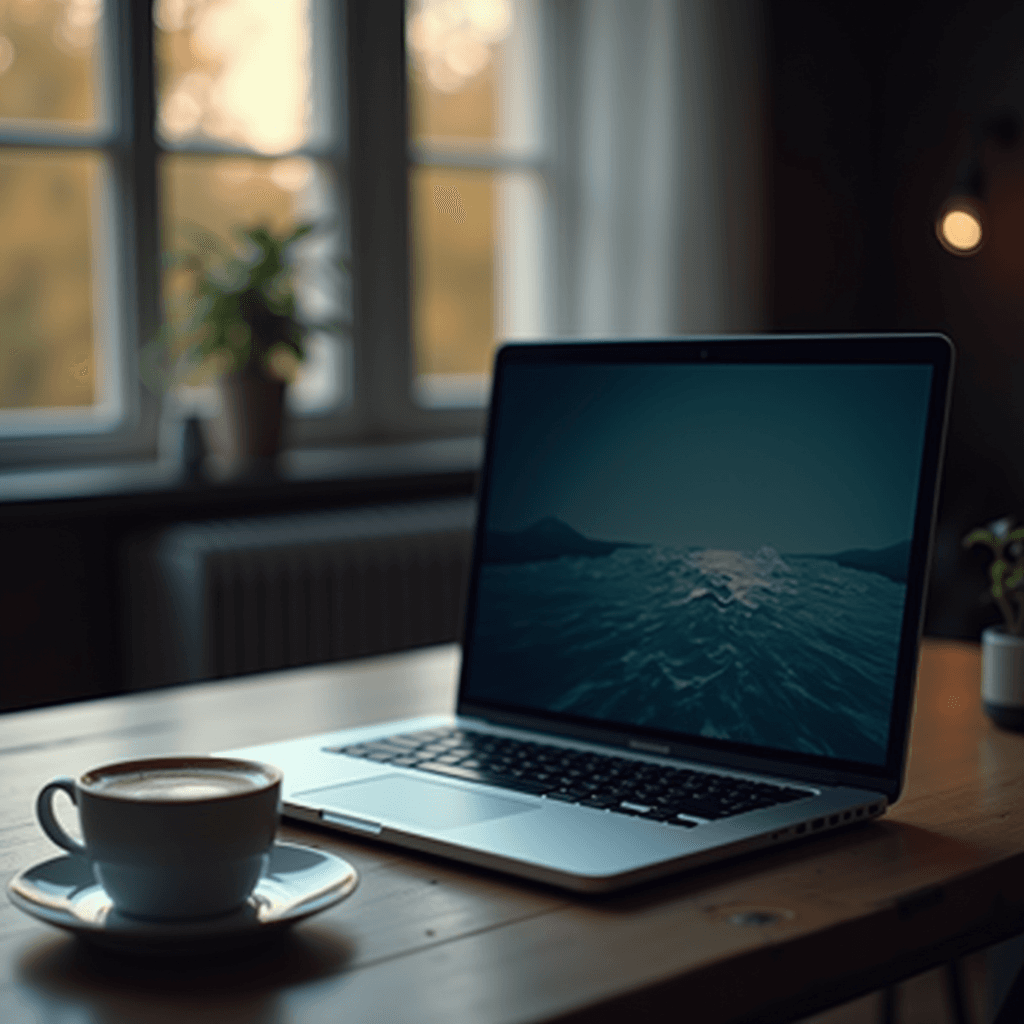 A laptop displaying a calm ocean landscape sits on a desk with a cup of coffee beside it, near a window with soft lighting.