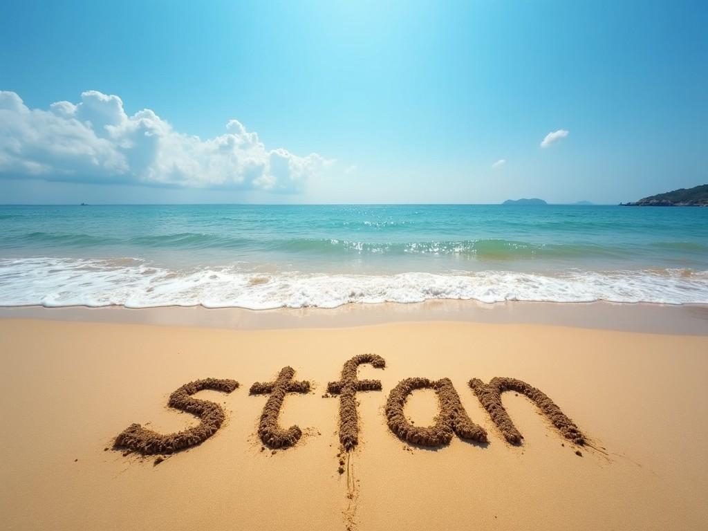 The image depicts a beautiful beach scene on a sunny day. The ocean is calm, with gentle waves lapping at the shore. In the foreground, the word 'stfan' is written in the sand, showcasing a relaxed and playful vibe. The sky is a bright blue with a few fluffy clouds, adding to the serene atmosphere. The scene evokes feelings of warmth, tranquility, and fun. It captures the essence of a perfect day at the beach, ideal for leisure and enjoyment.