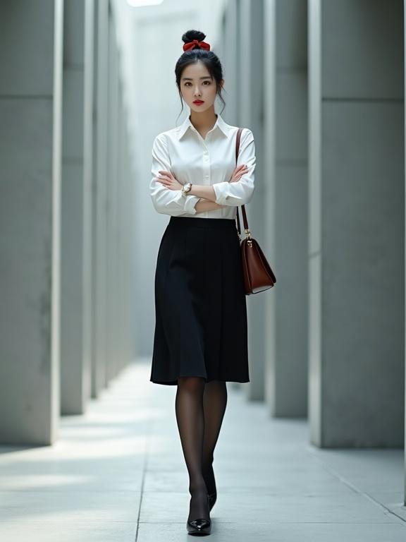 East Asian female agent in a modern building. Dressed in a crisp white blouse and a black knee-length skirt. Wearing smooth black pantyhose and black closed-toe heels. Brown satchel slung over her shoulder. Neatly bunned hair with a cute red bow. Soft lighting creates a modern ambiance.