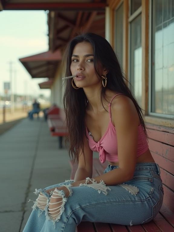 Latina woman with long dark hair seated outside an abandoned diner. Wearing a faded pink tank top and ripped high-waisted jeans. Smoking a cigarette. The setting is casual and urban. The woman appears tired yet resilient. The background shows old benches and a distant view of a road.
