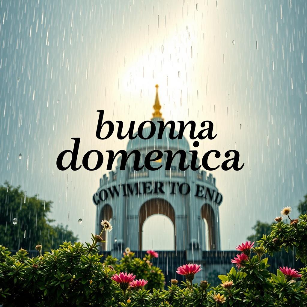 A peaceful scene with a message of 'buonna domenica', featuring rain falling in front of a grand building and colorful flowers.