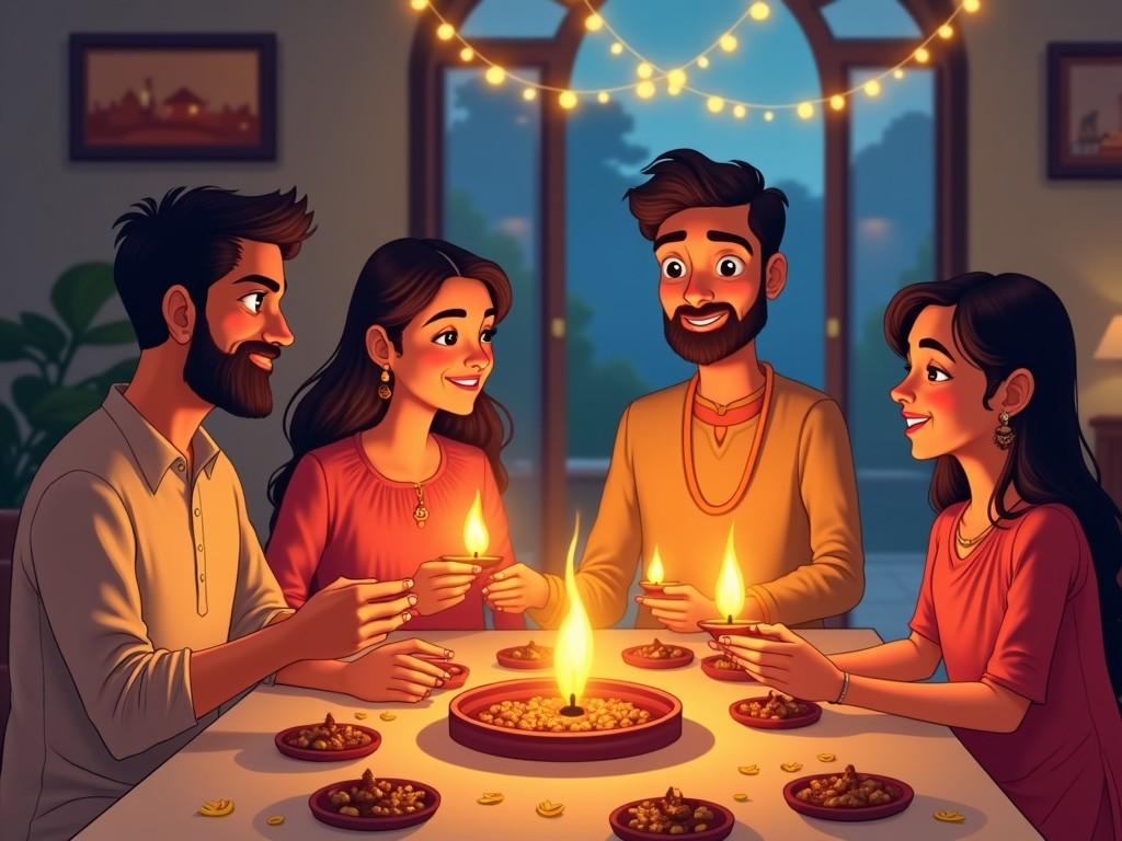 An illustration shows a loving family gathering around a table during a traditional evening ceremony. They light diyas, small oil lamps, representing hope and enlightenment. The warm ambiance highlights their joyful expressions as they prepare for the prasad ceremony. The table is adorned with sweets and snacks typical of festive celebrations. Soft lights and decorations create a cozy setting, making it feel special and intimate.