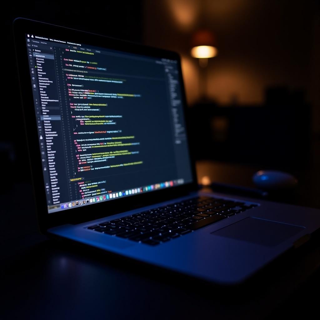 Laptop placed on a dark wooden table. Colorful programming code illuminated on screen. Subtle light in the background. Dimly lit environment. Focused coding atmosphere.