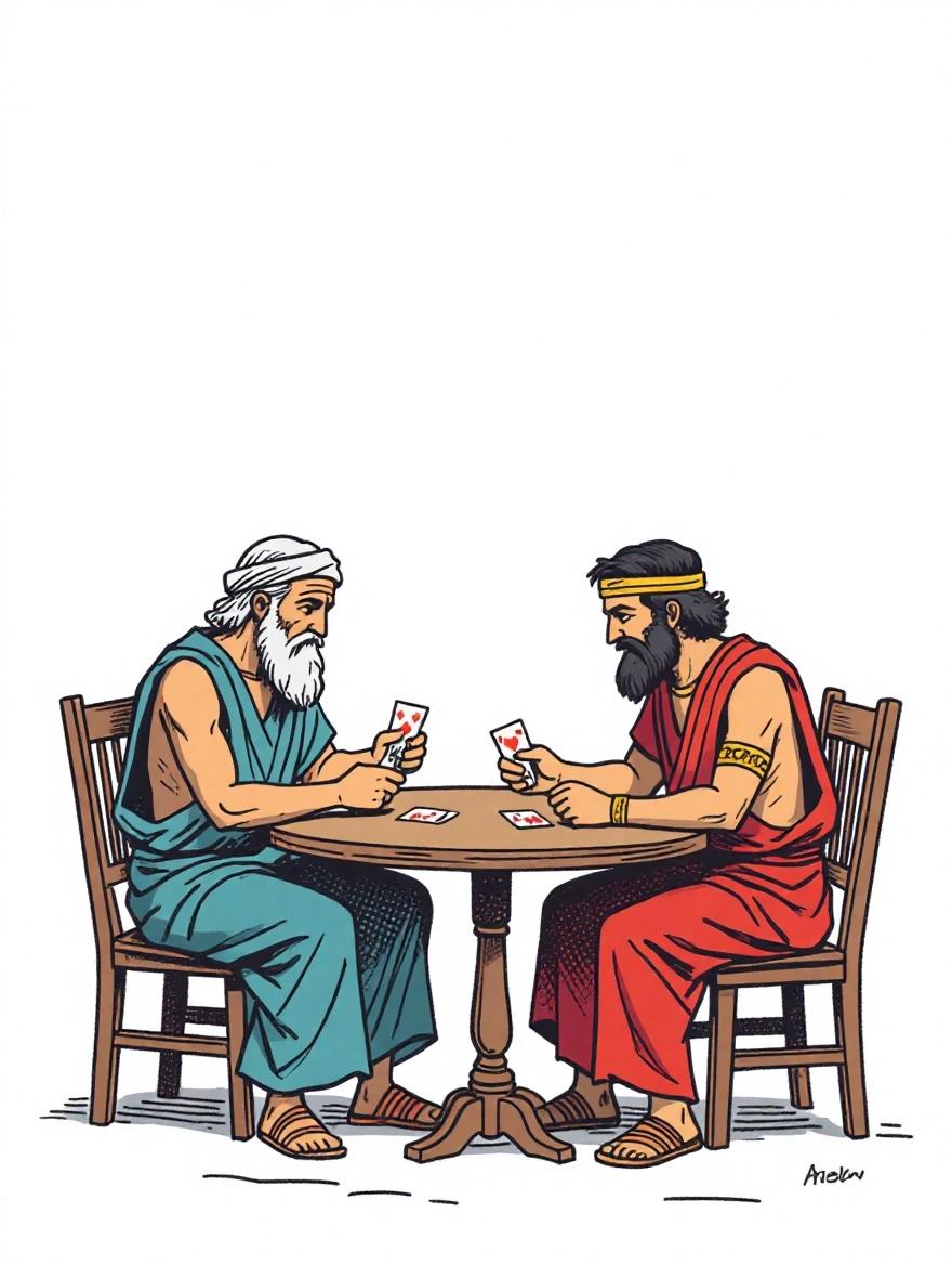 American Comic Style illustration features two old testament figures playing cards at a wooden table against a blank background.