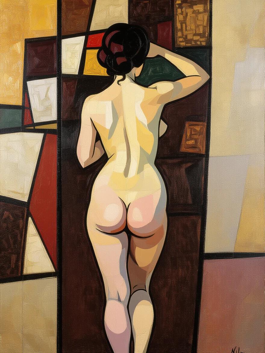 Nude model shown from behind posing while standing on her knees in an abstract style. Background features chaotic geometric shapes and warm colors. Oil painting reminiscent of Klimt's work.