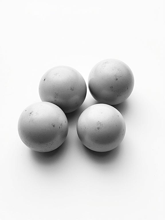 Four smooth spheres arranged closely together. Image in black and white with soft shadows. Surfaces appear slightly textured with a matte finish.