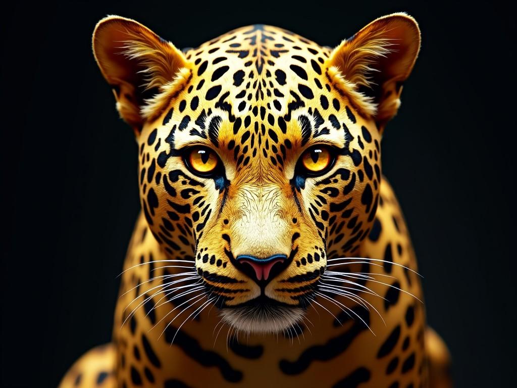 The image showcases a stunning portrait of a leopard with its intense gaze. The leopard's fur is vividly painted with a mix of yellow, black, and brown. Its eyes are striking, reflecting a golden hue. The background is dark, highlighting the features of the leopard. This artwork emphasizes the beauty and majesty of one of nature's most iconic predators.