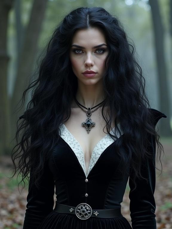 Portrait of a powerful witch with striking features. Long curly raven hair, violet eyes, and a velvety black and white riding dress. An obsidian star pendant adorns her neck. Silver jewellery complements her look. Forest backdrop adds a mystical ambiance.