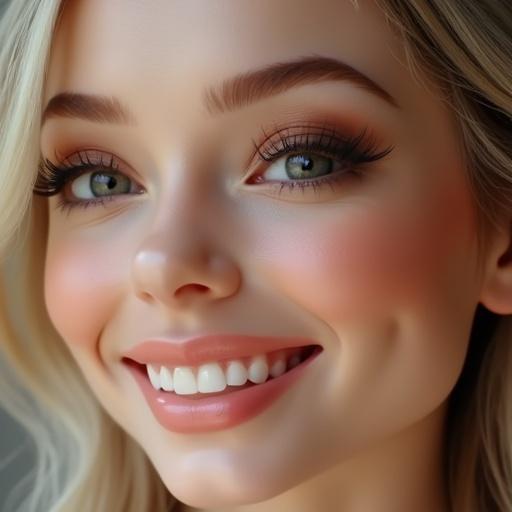 Close-up shot featuring a woman resembling a doll with enhanced features. Emphasis on the smile and eyes. Soft and polished appearance.