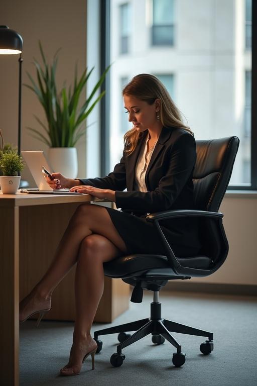 Office lady in a formal outfit sitting at a desk. She is working on a tablet. The office has large windows with natural light. Plants are in the background. The woman appears focused and professional.
