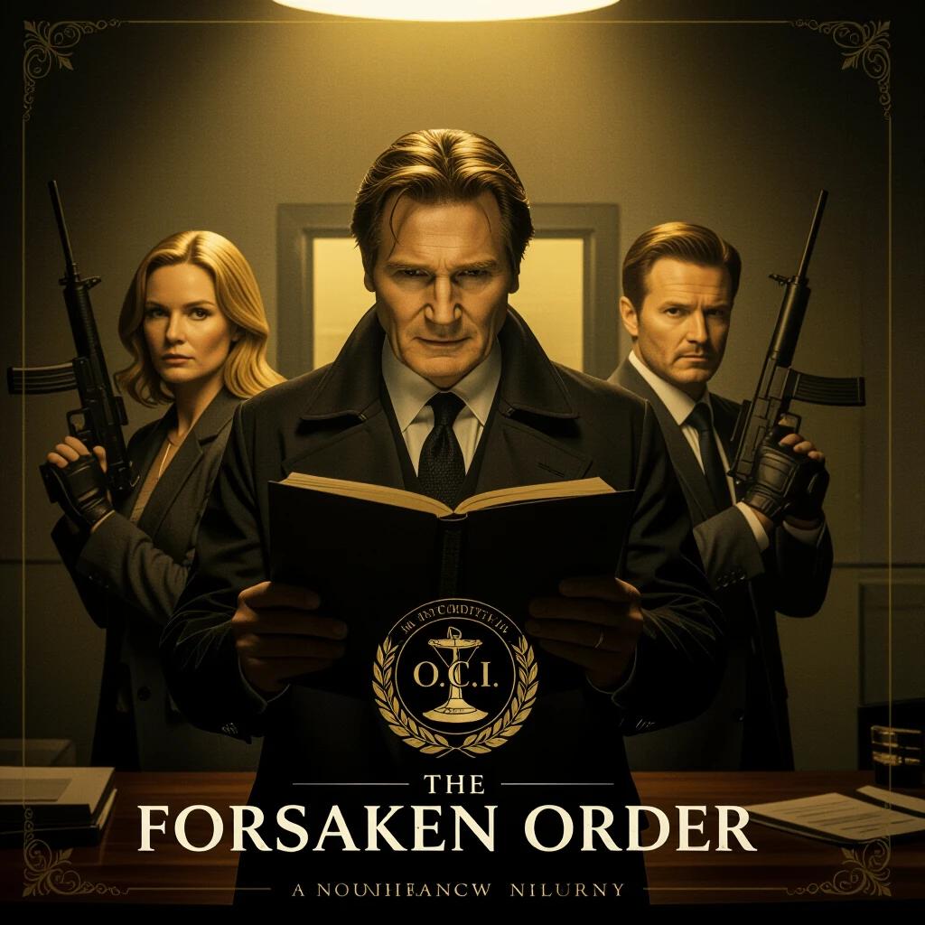 A movie poster for THE FORSAKEN ORDER. Prominently features a central character reading a confidential dossier under the O.C.I. agency emblem. Two supporting figures stand behind, facing different directions holding weapons. Background depicts a shadowy intelligence chamber evoking tension and secrecy. Lighting is warm with dramatic contrasts. Designed for a spy thriller film showcasing themes of betrayal and covert actions.