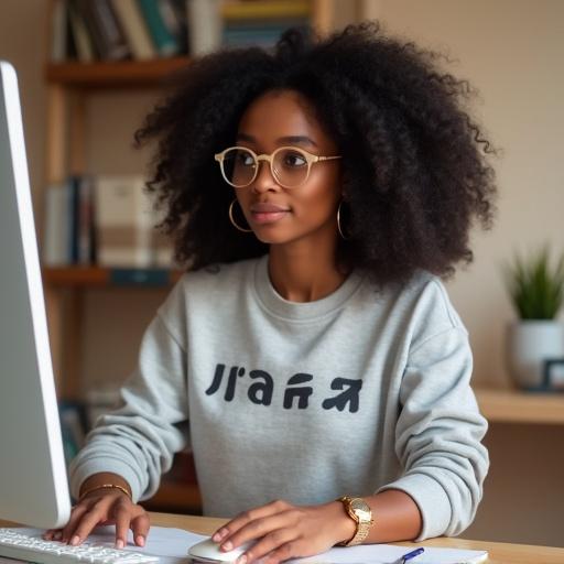 Young woman sits at a desk looking at a computer screen. She has voluminous curly hair and light-colored glasses. Wearing a gray sweatshirt with bold text. She has gold hoop earrings and accessories. Background is a home office with bookshelves and soft lighting. Positive and aspirational atmosphere.