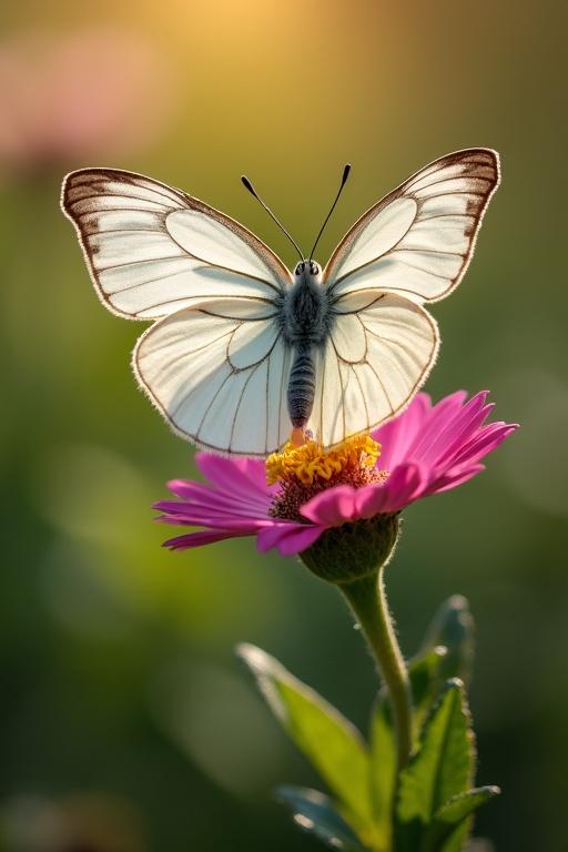 A butterfly with white and dark pink colors perches on a flower. The scene is set in a garden lit by sunlight.