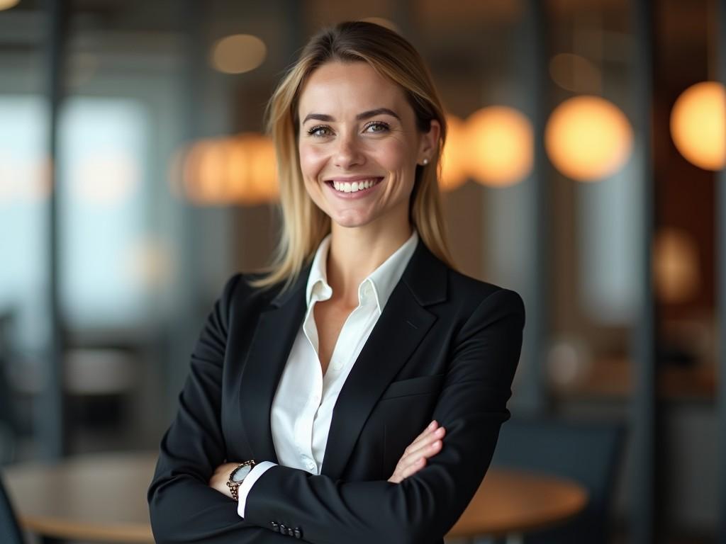 A poised and confident businesswoman stands with her arms crossed in a modern office setting. She is wearing a sleek, black business suit over a crisp white blouse and smiles warmly at the camera. Her expression exudes professionalism and approachability. The background features a softly blurred office environment with dim round lights, creating a warm and inviting atmosphere. This image captures the essence of modern corporate culture and female empowerment in the workplace.