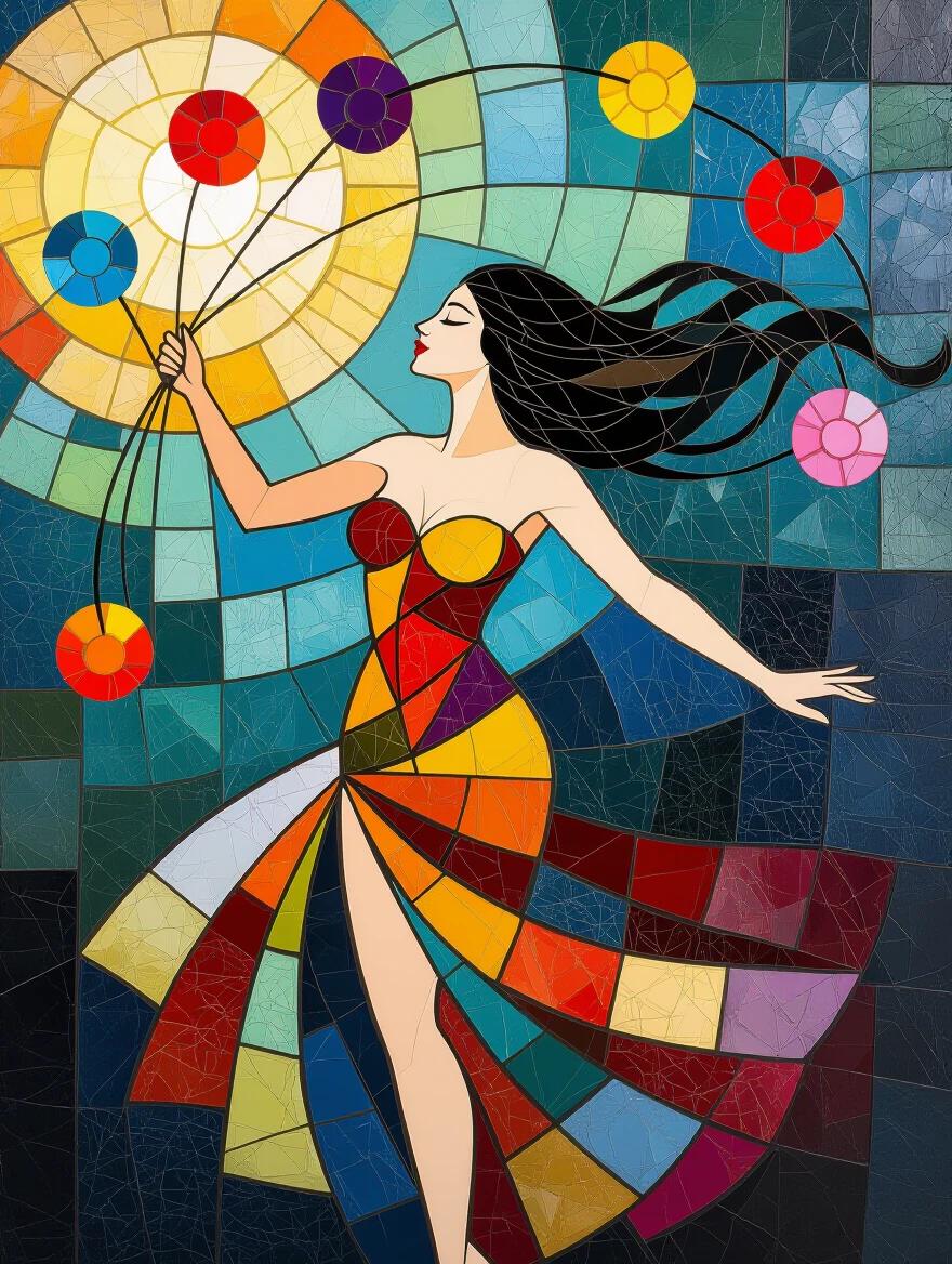 A colorful mosaic artwork of a woman juggling fiery pom poms. The woman's dress features a patchwork of bright colors and patterns with iridescent elements. Background includes vibrant abstract shapes. The overall vibe is playful and ethereal.