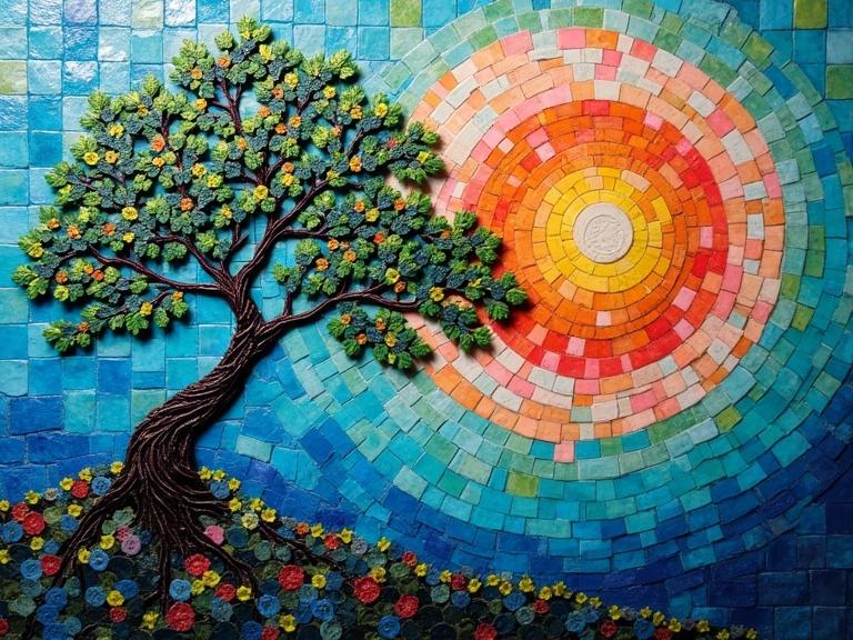 3D iridescent ceramic tile and glass mosaic artwork featuring a colorful twisted bonsai tree. The tree is made from assorted abstract puzzle forms. Background consists of a squared sunset with squares. Dominant colors include blues, greens, and hints of pink. The piece showcases textured techniques such as sponge dabbing and dry brushing.